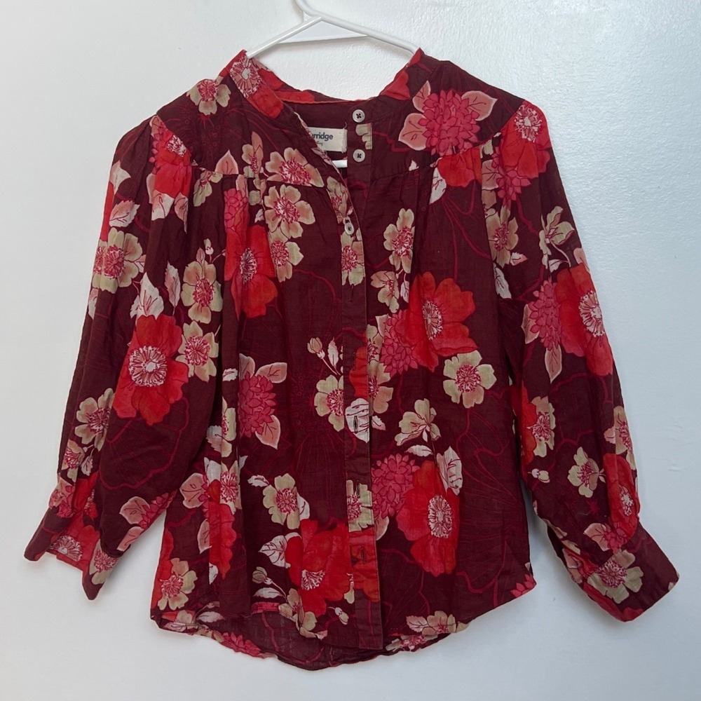 Porridge Anthropologie Red Floral Cotton Button Front‎ Blouse XS Boho Top Artsy